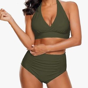 NWOT Olive Green Halter Ruched High Waisted L